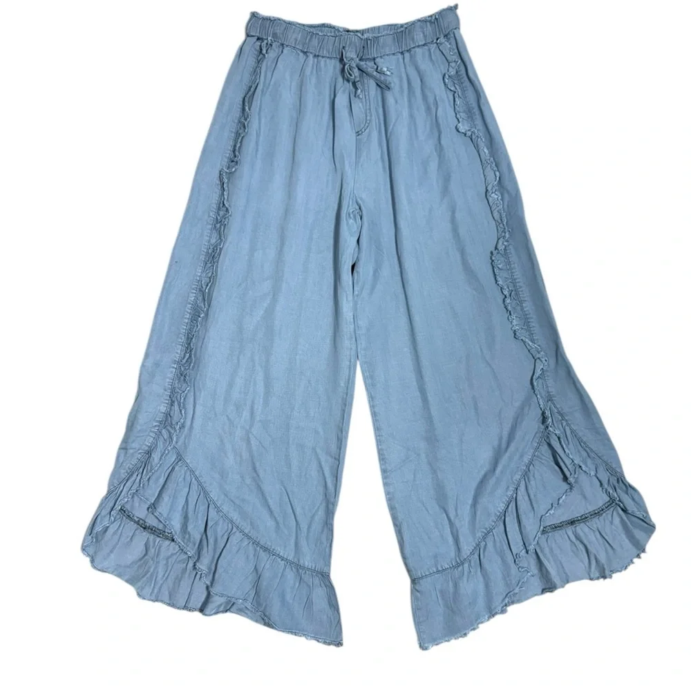 Easel light blue chambray denim wide leg elastic waist pull on pants size Large - Picture 3 of 13